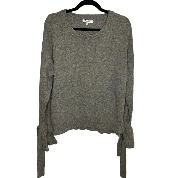 Madewell Cotton Blend Crewneck Sweater Size Large Gray Tie Sleeves Bow Pullover - Picture 1 of 6